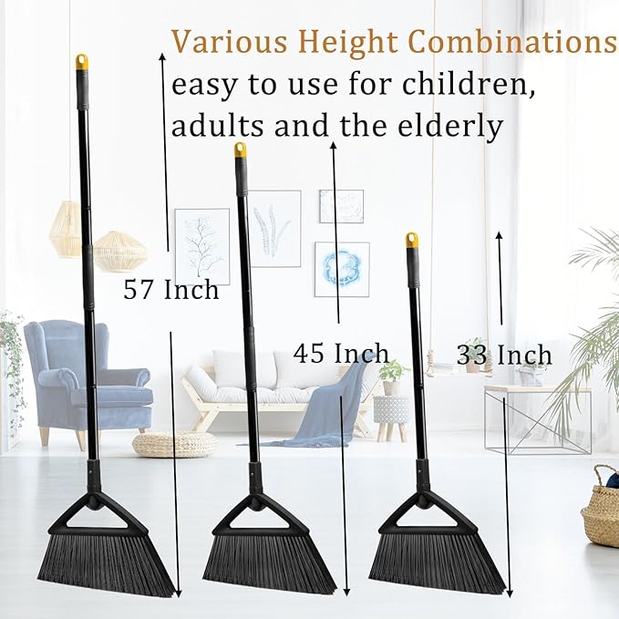4PCS Heavy Duty Broom, Broom for Sweeeping Indoor and Outdoor, Angle Broom with Long Pole, Outdoor Broom for Courtyard/Garages/Slidewalk, Indoor Broom for Kitchen Lobby Canteen Black