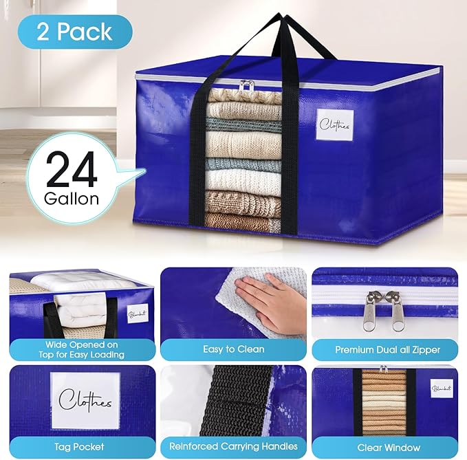 BlissTotes 2 Pack Moving Bags with Clear Window, Storage Bags with Strong Carrying Handles & Zippers,Large Packing Bags for Saving Space, Alternative to Moving Boxes(Blue,24 Gallon)