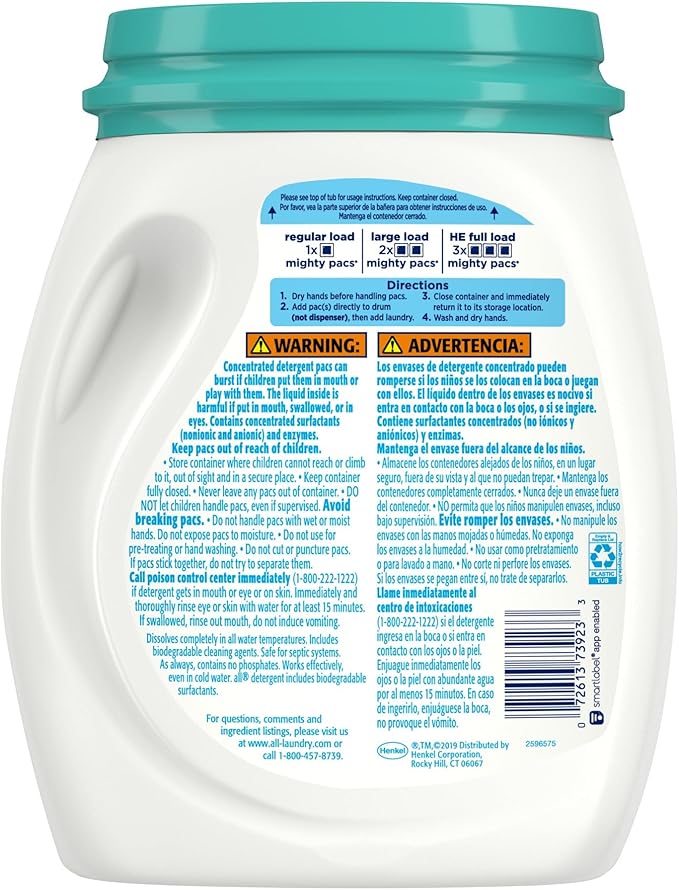 All Mighty Pacs Laundry Detergent, Free Clear Odor Relief, Tub, 56 Count (Pack of 2), 112 Total Loads