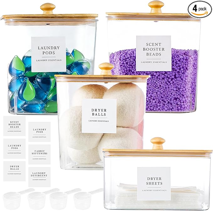 Laundry Room Organization Container, 4pcs Acrylic Laundry Pod Storage Containers, Dryer Sheet Holder Jars with Bamboo Lids and Labels for Scent Booster Powder Detergent Pods Storage