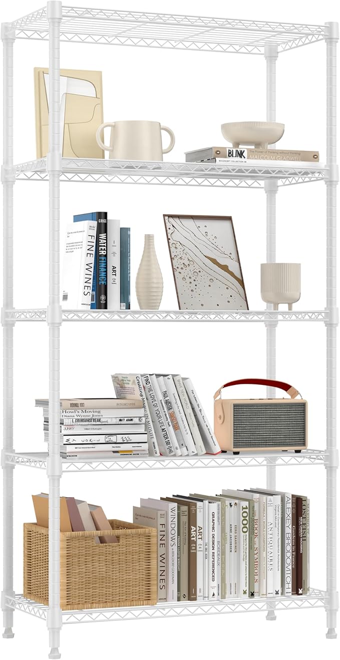 M MZG 1250 lbs 5 Tier Shelf Metal Storage Shelves Wire Rack Closet Organizers for Garage Kitchen Bathroom Laundry White 11.8" D x 29.5" W x 59.5" H