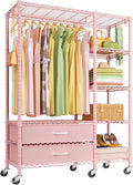 Ulif F3R Heavy Duty Clothes Rack（With Lockable Wheels）Freestanding Clothing Racks for Hanging Clothes，Adjustable Closet Organizer System，Portable Garment Rack 40"W x 15"D x 74"H，Max Load 700LBS，Pink