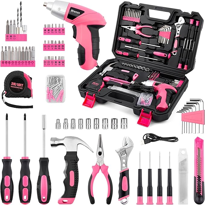 3.6V Pink Cordless Screwdriver Set, 151Pcs Home Tool Kit with Magnetic Bits & LED Light - Rechargeable Power Drill for Women DIY, USB-C Fast Charging