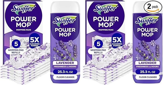 Swiffer Power Mop Refill, Floor Cleaner for Mopping Tile, Vinyl, Laminate, Wood in Home, Bathroom, Kitchen, All Purpose Multi-Surface Cleaning, 5 Pads + 1 Lavender Solution (Pack of 2)