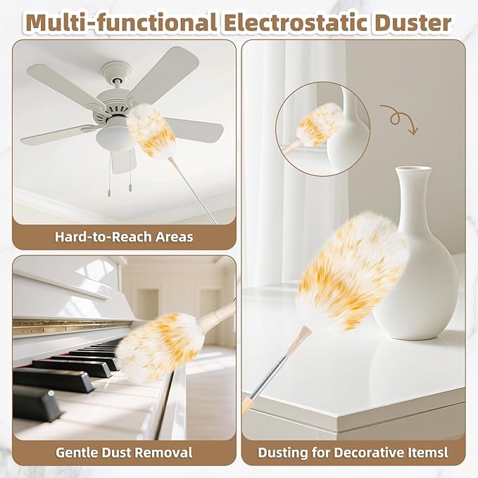 LOVECO Feather Duster for Cleaning, Extendable Lambswool Duster 29-49 Inch for Cleaning Fans, Ceiling, Includes: Sticky Hooks×2, Small Duster×1, Electrostatic Dusters Suitable for Office, Home, Car