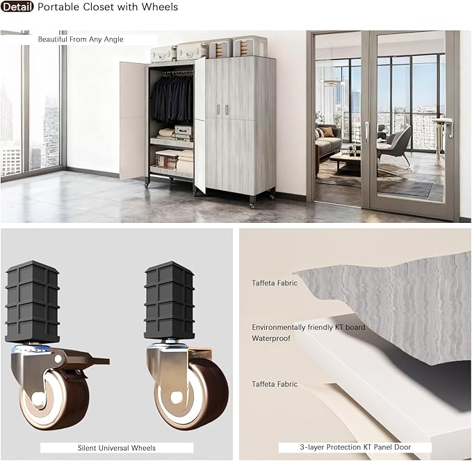 Foldable Portable Armoire Wardrobe Closet for Hanging Clothes Rack, Heavy Duty Covered Clothes Rack with Cover(HARDBOARD Magnetic), Closet Garment Rack for Bedroom Storage (KT Woodgrain Gray, 70.86in)