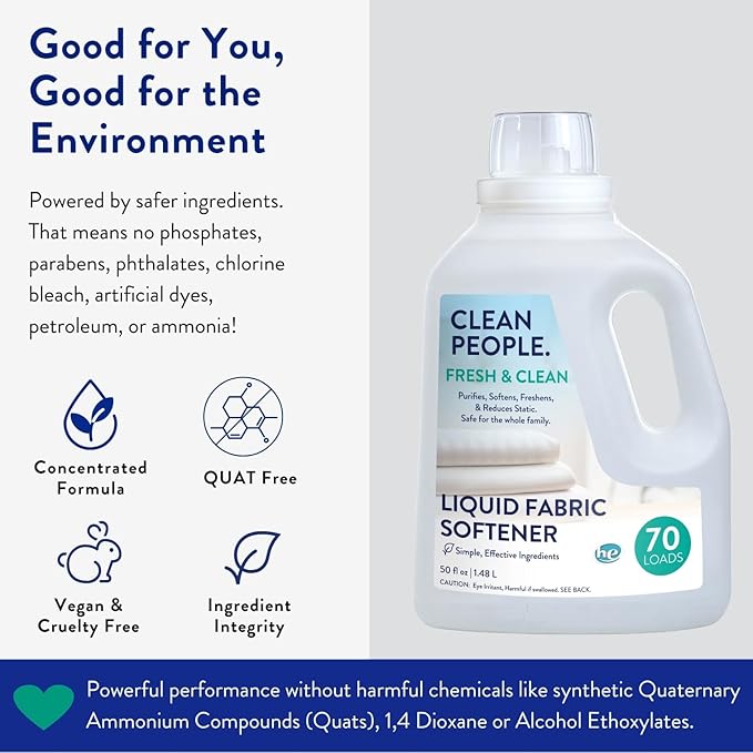 Clean People All Natural Liquid Fabric Softener - Plant-Based, Eco Friendly - Naturally Softens & Removes Static Cling - Vegan - Fresh Scented Laundry Softener - 100 fl oz - 140 loads