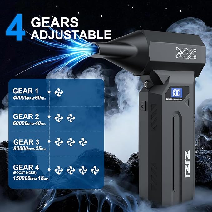 Compressed Air Duster, 150000RPM Powerful Electric Air Duster, 4-Gears Adjustable Cordless Air Blower with LED Light, Rechargeable Dust Blower for Computer, Keyboard, Outdoor, Home and Car