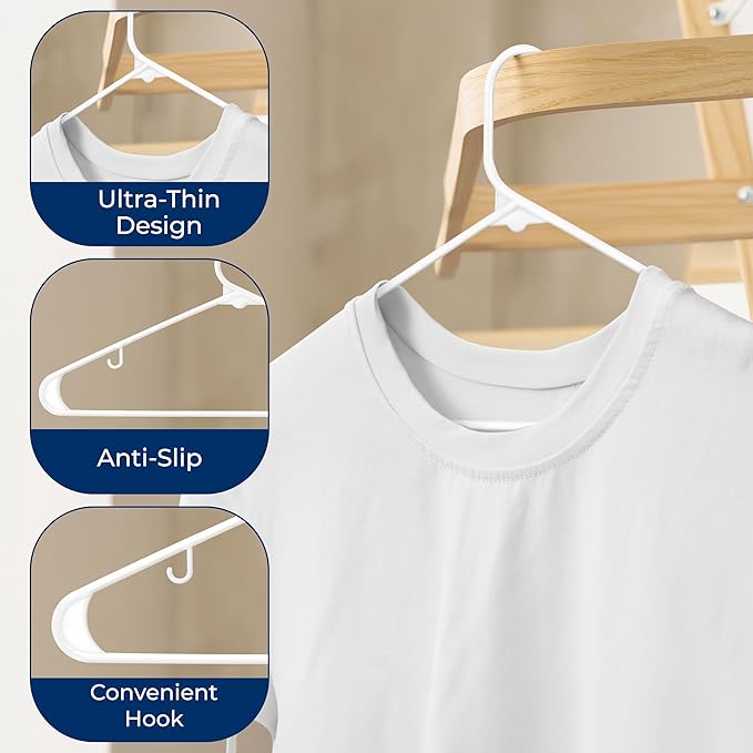 SereneLife Plastic Hangers 30 Pack - Space Saving Clothes Hanger - Durable & Strong Closet Organizers and Storage with Built-in Strap Hooks - Essential for Shirts, Pants, Skirts & Coats (White)