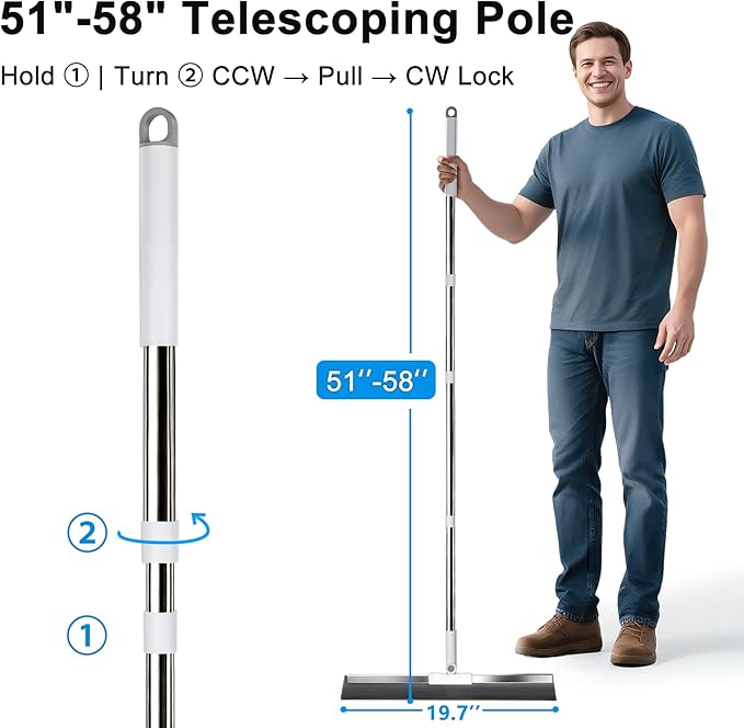 19.7'' Large Floor Squeegee for Concrete Floor with 51''-58'' Telescoping Stainless Steel Handle, Squeegee Broom for Removing Water on Tile, Epoxy, Garage, Driveway, Patio
