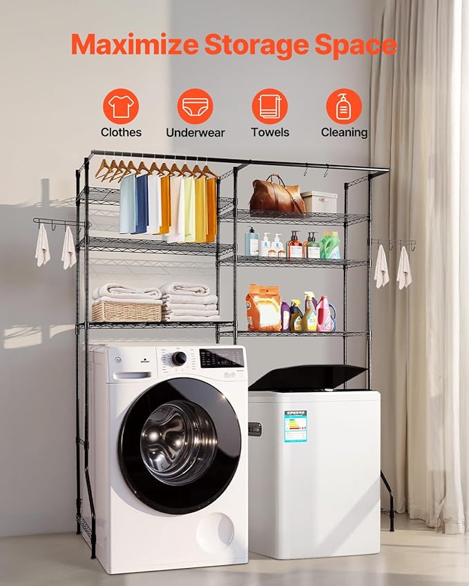 VEVOR Over Washer and Dryer Storage Shelves, 6 Tiers Laundry Room Drying Rack with Hanger Rod and Hooks, Two Rows Adjustable Washer Shelves Space Saver, for Laundry Room Storage & Organization, Black