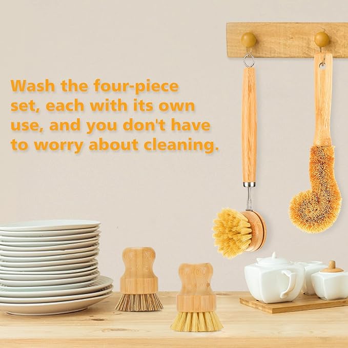 SAMEBUTECO Bamboo Dish Brushes Sets 4 Tools in One Kitchen Clean Dish Scrubber for Pots Pans Bottles with Natural Bristles (Bamboo Brushes Sets)