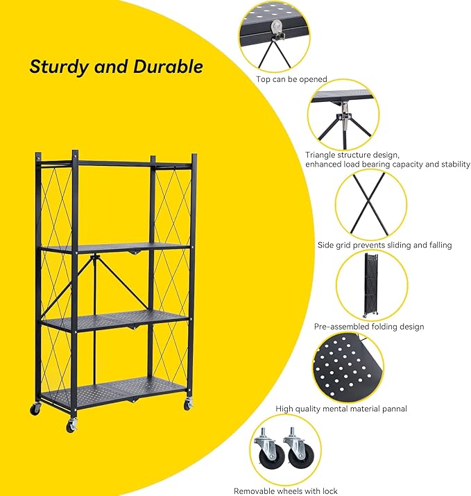 BRIAN & DANY 4-Tier Foldable Storage Shelves with Wheels, Folding Metal Rack Shelving Unit, Heavy Duty No Assembly Organizer Shelf for Garage, Kitchen, Basement, Pantry, Black