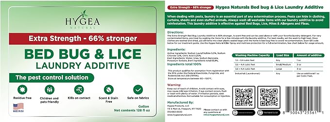 Hygea Natural Extra Strength Lice & Bed Bug Laundry Additive - Gentle, Odorless, and Stain-Free Liquid Laundry Treatment - Child and Pet Friendly - Laundry at Any Water Temperature (1 Gallon)