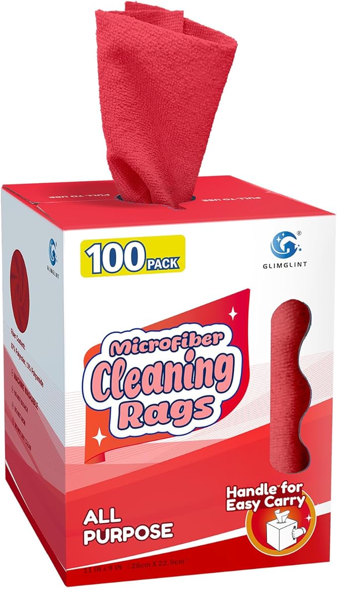GLIMGLINT Red Microfiber Cleaning Cloth, 100 Pack Cleaning Rags, Lint-Free, Ultra Absorbent Reusable Paper Towels for Home, Kitchen, Car, Garage or Shop, Dish Rags, 11" x 9"