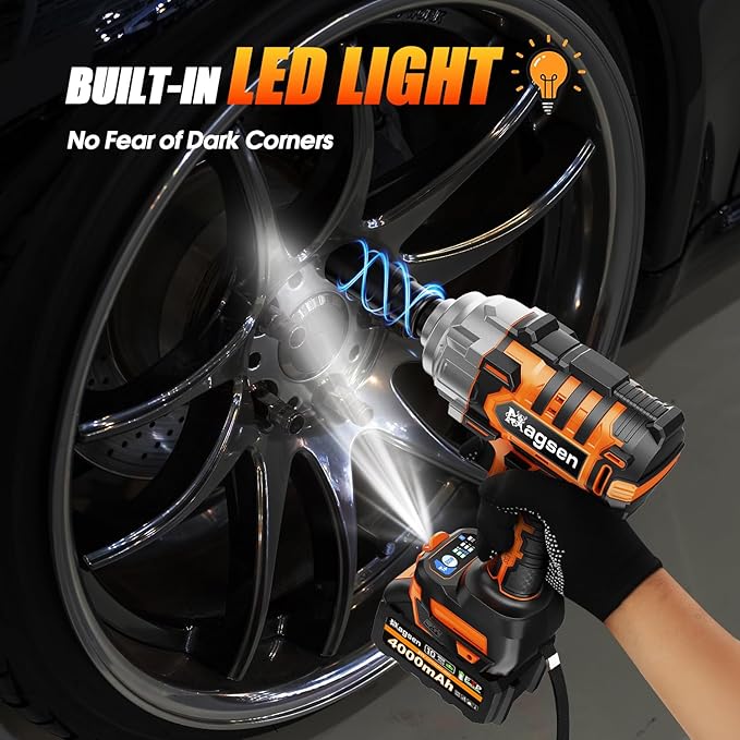 1/2" Cordless Impact Wrench, 900Ft-lbs (1200N.m) Brushless High Torque Impact Gun,3800RPM,3 Variable Speeds,LED Light,2x4000mAh Battery, 5 Sockets,Electric Impact Gun for Car/Mower/Pickup