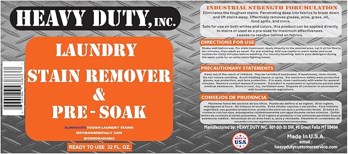 Heavy Duty Laundry Stain Remover & Pre-Soak Spray - 32 fl oz - Industrial Strength Fabric Spot Cleaner - Removes Oil, Blood, Urine, Pet, Grass, Sweat - Pre-Wash Treatment - Color Safe, Non-Bleach