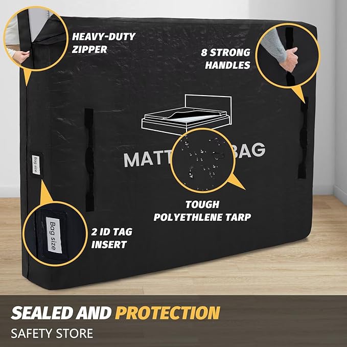 Mattress Bags for Moving and Storage, BETU Queen Mattress Protector Waterproof Mattress Cover with 8 Heavy Duty Handles and Zipper Extra Thick Moving Supplies for Bed (2 Pack:82x62x13.5 Black)