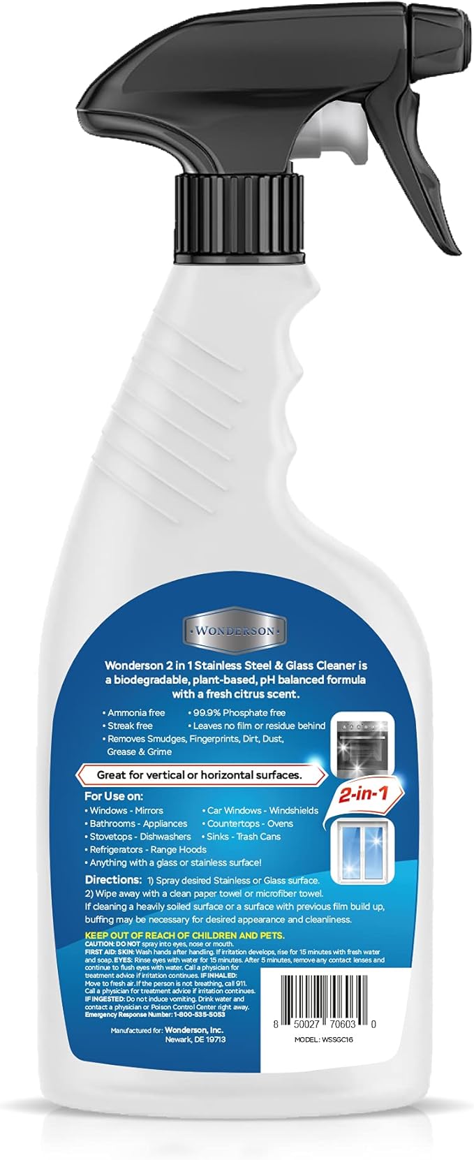 Wonderson 2-In-1 Stainless Steel & Glass Cleaner 16 Ounces - For Use On Appliances, Countertops, Sinks, Stovetops, Dishwashers, Windows, Bathrooms, Cars, & More! (2 Pack)