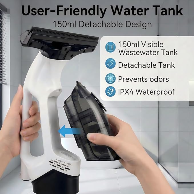 Electric Window Vacuum Squeegee, 2200mAh & 2000Pa Cordless Window Cleaner Tool with 150ml Water Collection Tank, Window Cleaning Kit for Shower Glass, Car, Door, Mirror, Home