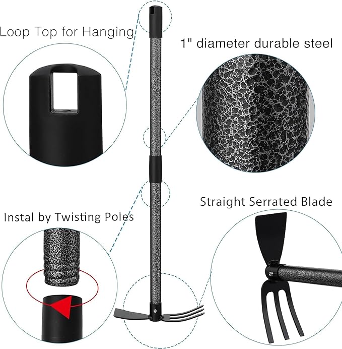 Hoe and Cultivator Gardening Hand Tools, Heavy Duty Stainless Steel Garden Hoe and 3 Fork Hand Tiller for Gardening Weeding Planting with Adjustable Handle 30-45 inch