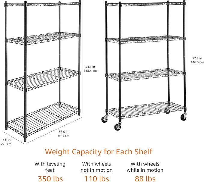 Amazon Basics 4-Shelf Heavy Duty Garage Shelving Storage Unit on 3" Wheel Casters, Adjustable Metal Wire Rack with Leveling Feet, 36" x 14" x 57.75", Black