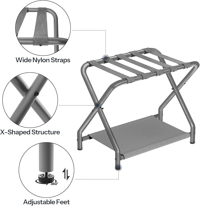HOOBRO Luggage Rack, Pack of 2, Folding Suitcase Stand with Fabric Storage Shelf for Guest Room, Bedroom, Hotel, Holds up to 100 lb, 27 x 15.3 x 22 Inches, Space Saving, Gray GY04XLP201