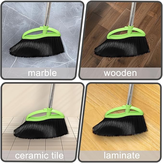 Soft Bristles Green Angle Broom with Long Handle Indoor Sweeping Broom for Home Kitchen Hardwood Floor Cleaning
