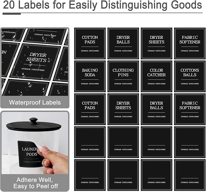 3+1 Pack Laundry Pods Containers & Dryer Sheet Holder & Laundry Detergent Dispenser, Laundry Room Organization and Storage Jars with Lids, Labels and Scoops for Scent Booster Powder Pods, Black Lid