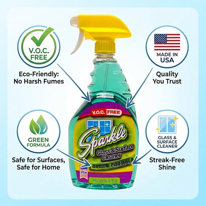 Sparkle Glass Cleaner Green Formula, Streak-Free Window, Mirror & Glass Surface Cleaner, 1 Gallon 128 Fl Oz Refill (Pack of 6)