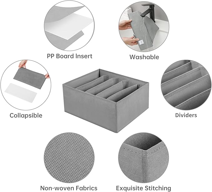 Jeans Drawer Organizers for Clothing, 5 Compartment Wardrobe Storage Box, Washable Clothes Organizer for Folded Clothes, Jeans, Pants, Leggings, t-shirts(Grey)