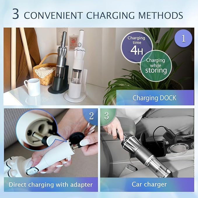 Handheld Vacuum Cordless 25000PA, Super Lightweight 1lb with Powerful Suction, Charging Dock, Car Charger, Single Touch Empty and Detachable Dust Cup, Portable Mini Car Vac, White