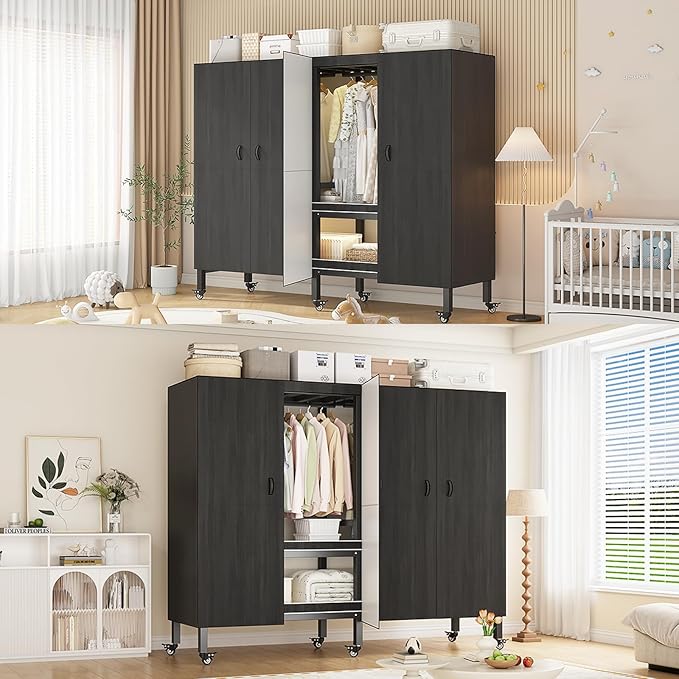 Heavy Duty Covered Clothes Rack with Magnetic Door Foldable Portable Wardrobe Closet for Hanging Clothing Rolling Black Metal Garment Rack on Wheels Closet System (Black, 74.7in)