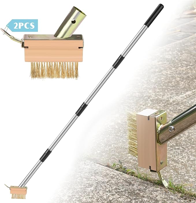 GADFlSH Manual Crevice Weeding Tool, Crack Weeder with 2 Weed Brush Heads, Crevice Weeding Hook with Adjustable Steel Handle for Patios, Decks & Garden Paths