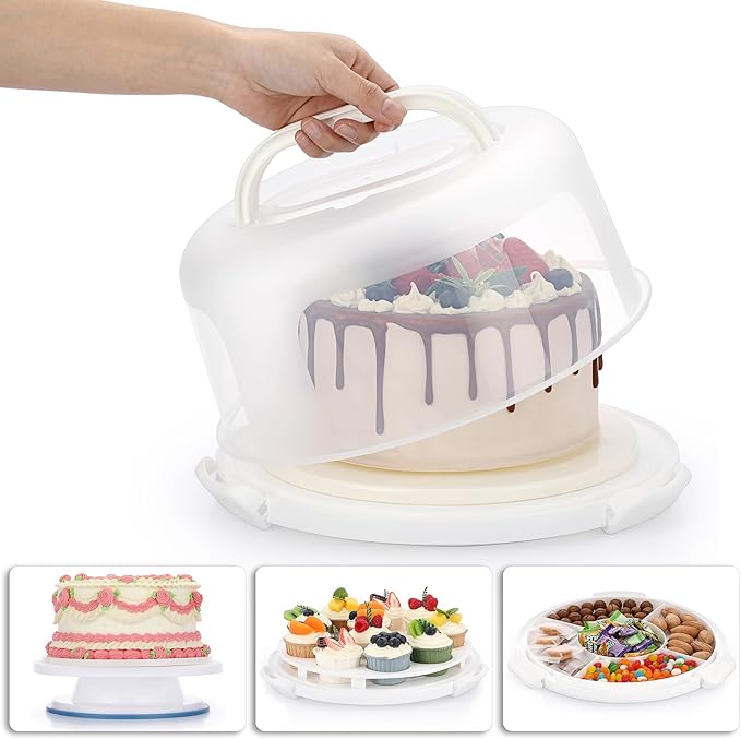 BSTKEY Portable Cake Carrier with Lid and Handle, Cake Turntable + Cupcake Storage Tray for Transport, 10" Round Cake Container Holder with Two Sided Base for Pies Nuts Fruit Cookies, White