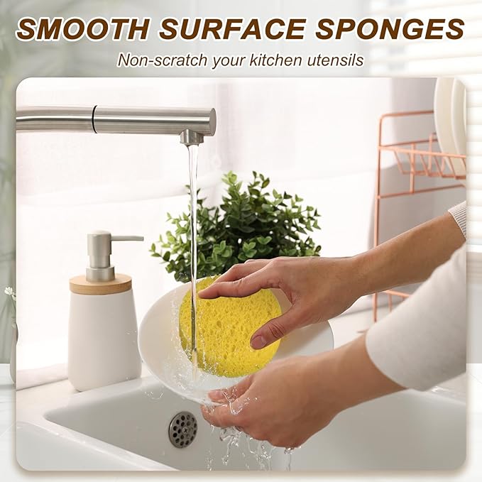 uxcell 20Pcs Cellulose Sponges, Round Kitchen Clean Sponges Non-Scratch Compressed Dish Scrubber for Kitchen Household Cookware Bathroom Cleaning & DIY, Beige