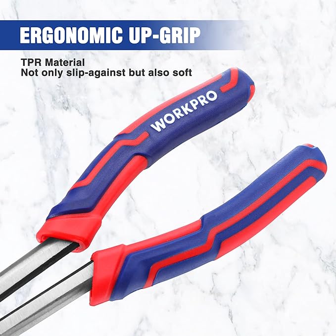 WORKPRO Premium 11” Extra Long Needle Nose Pliers, Paper Clamp Precision, Heavy-Duty CRV Steel, Soft Grip