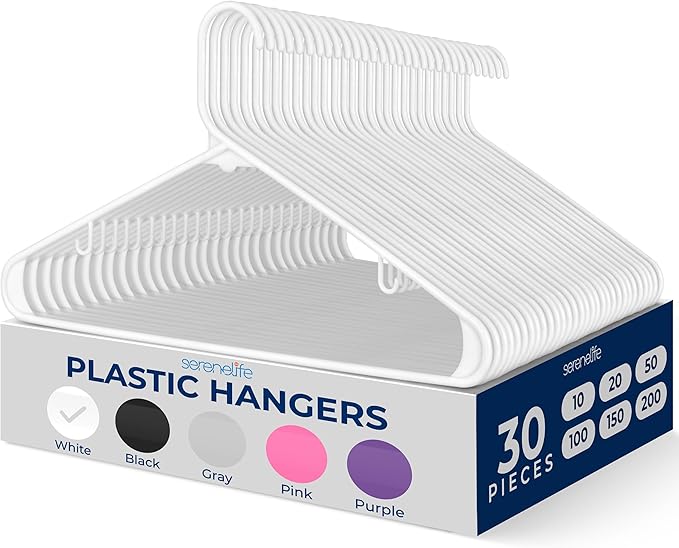 SereneLife Plastic Hangers 30 Pack - Space Saving Clothes Hanger - Durable & Strong Closet Organizers and Storage with Built-in Strap Hooks - Essential for Shirts, Pants, Skirts & Coats (White)