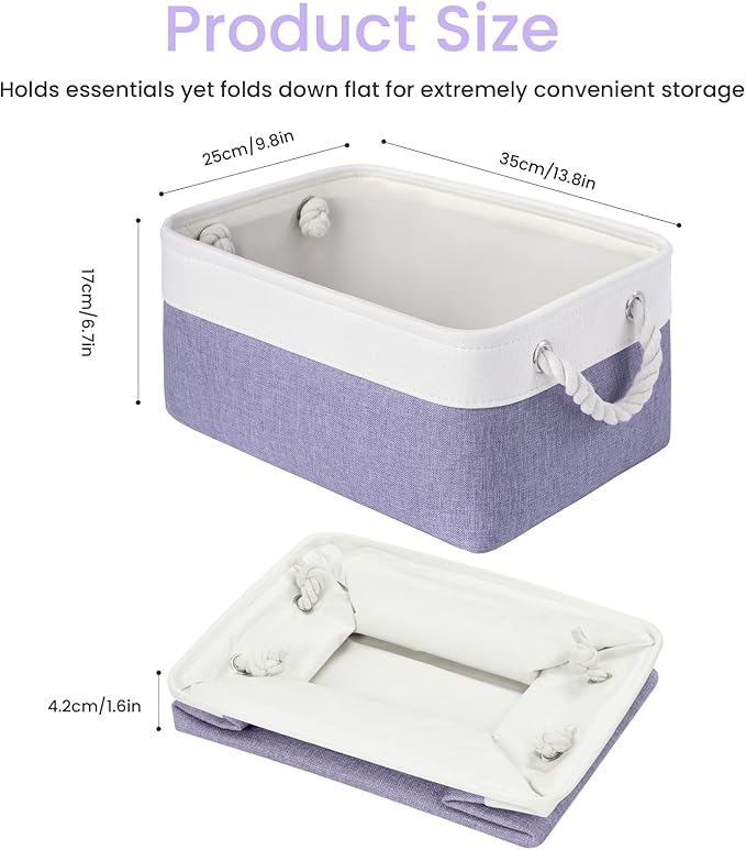 Storage Baskets for Shelves 13.8x9.8x6.7 Inch-Foldable Fabric Organizing Storage Bins with Handles, Closet & Bathroom Organizer, Home Storage for Kitchen, Office (3-Pack, White&Purple)