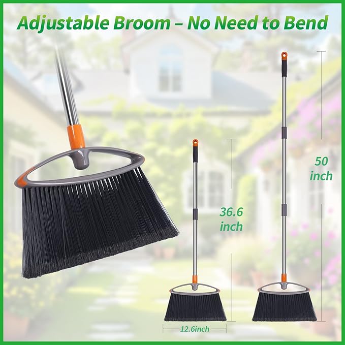 Soft Bristle Broom, Heavy Duty Broom with Collapsible Handle, Ideal for Indoor Outdoor Hardwood Floors Kitchen Salon Camping Cat Pets Hair Home Room Office, Sturdy and Durable, Gray
