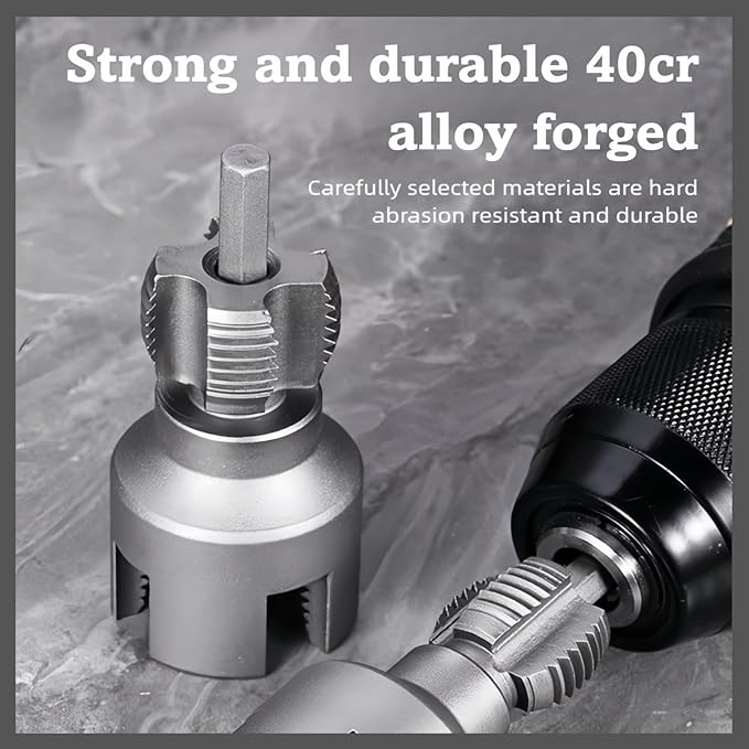 Integrated Internal & External Pipe Threading Tool, PVC Dual-function Pipe Threading Tool for 1/2" & 3/4" Pipes, Electric Drill Compatible PVC & Plastic Pipe Threader Kit for Home Repair (1/2")