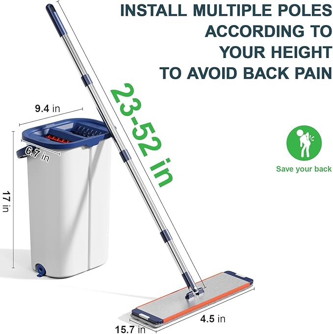 Large Mop and Bucket System with Wringer Set, Hands-Free Flat Mops for Floor Cleaning, Mopping Bucket System with 8 Washable Microfiber Pads for Wet and Dry Use, Home Windows and Wall Cleaner Mop