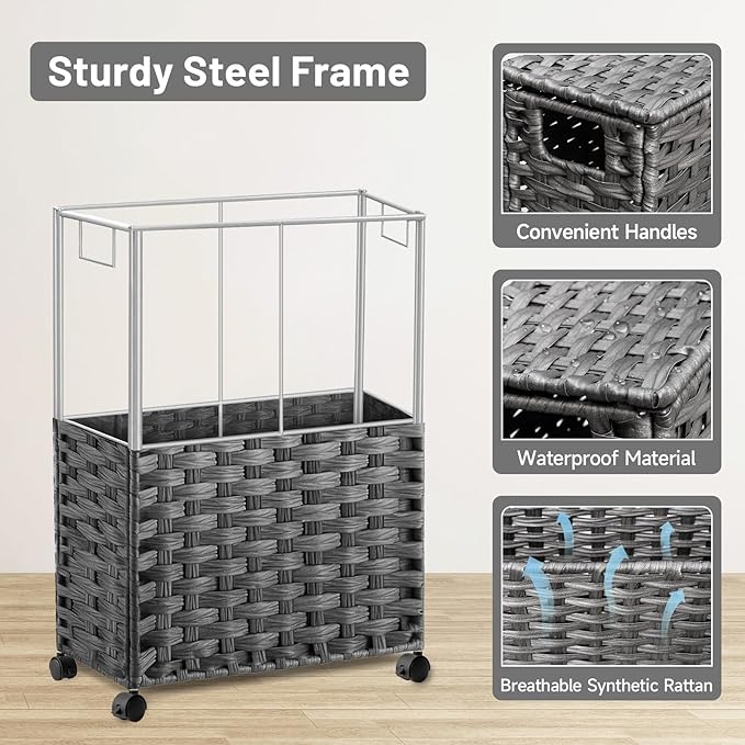 Hiagnete Toilet Paper Storage Basket with Lid and Wheels, Rattan Toilet Paper Holder Storage, Toilet Paper Organizer for Bathroom, Bedroom, Kitchen, 12.6”L x 7.1”W x 17.14”H, Grey