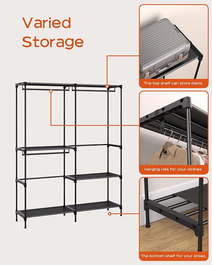 CASAMAYA Clothes Rack, Portable Closet, 54.3 Inch Large Capacity Wardrobe Closet, Clothes Storage Organizer with Shelves and 3 Hanging Rods, Easy to Assembly, Black PCT022B01