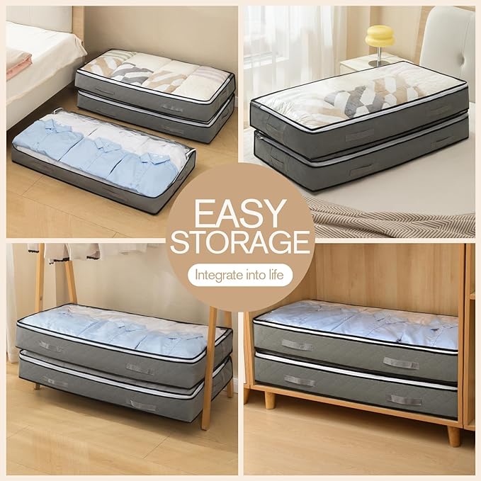 90L Under Bed Storage Containers, Foldable Grey Underbed Storage Bags - Closet Organizers and Storage Bins for Wrapping Paper, Blanket, Clothing, Comforter, Sweaters, Pillows, Linen Sheets