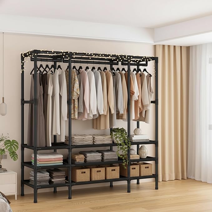 Portable Closet,Garment Rack,Heavy Duty Clothes Rack with Cover,Wardrobe Closet with 1 Hanging Rods, 2 Storage Shelves and 2 Drawers,27.5" L x 17.7" W x 67.7" H,Black