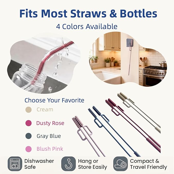 2-in-1 Dual-Head Straw Brush, Premium Silicone Cleaning Brush for Straws & Lid Gaps, Long Flexible for Tumblers & Bottles, Non-Slip Handle, No-Scratch, 2 Pack (6mm & 9mm), Durable & Reusable (Cream)