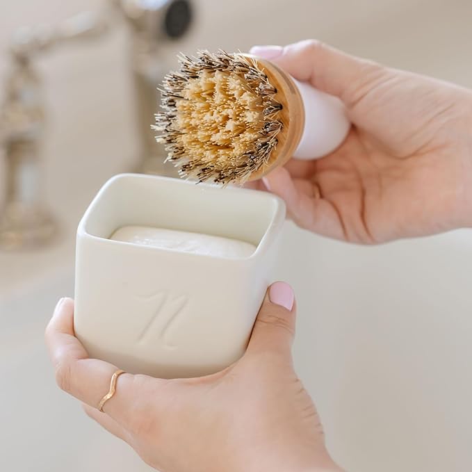 Nellie's Dish Butter - Zero-Waste Alternative to Liquid Dish Soap with Reusable Ceramic Container (White) - Light Lemongrass Scent - Plastic-Free Dishwashing - (Made in Canada)