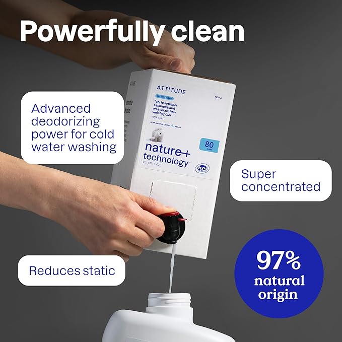 ATTITUDE Liquid Fabric Softener, Plant-Based & Vegan, HE Compatible, Naturally Derived, Unscented, 80 Loads, 67.6 Fl Oz