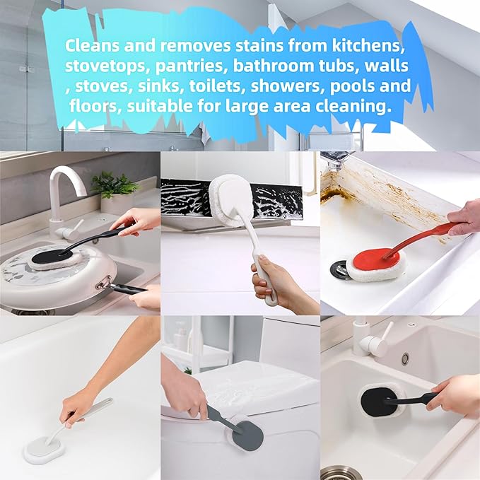 Long Handle Sponge Scrub Bathroom Brush, Sponge Cleaning Brush with Handle Large Wall Scrubber Shower Long Handle Brushes for Tableware, Kitchen, Toilet, Bathroom Cleaning Tool Accessories Gray-Green